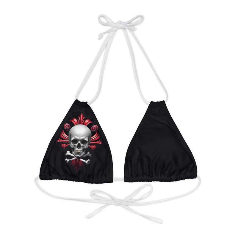 "Skull & Barrel" Base Black - Right Logo - Strappy Triangle Bikini Top (AOP)