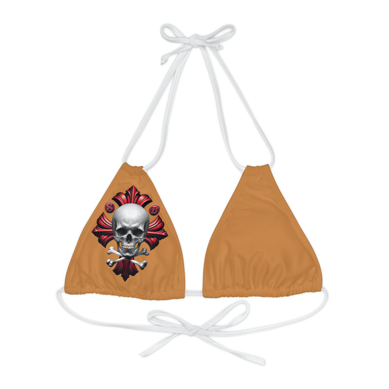 "Skull & Barrel" Base Light Brown - Right Logo - Strappy Triangle Bikini Top (AOP)