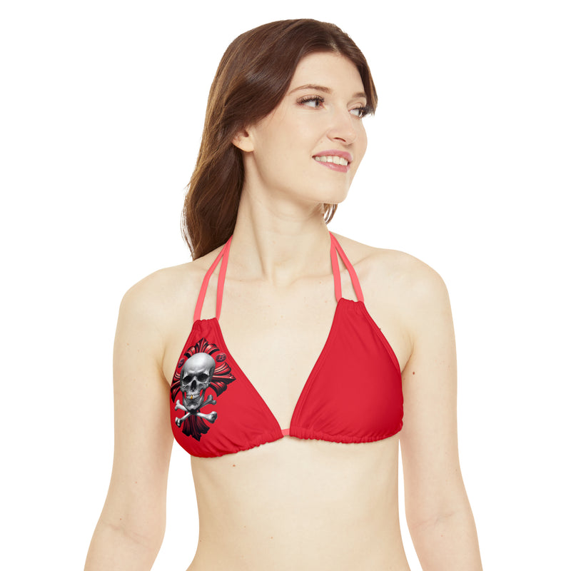 "Skull & Barrel" Base Dark Red - Right Logo - Strappy Triangle Bikini Top (AOP)