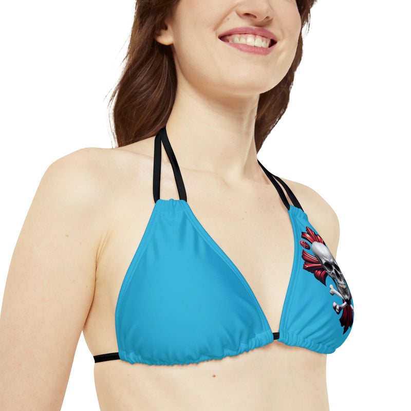 "Skull & Barrel" Base Turquoise - Left Logo - Strappy Triangle Bikini Top (AOP)