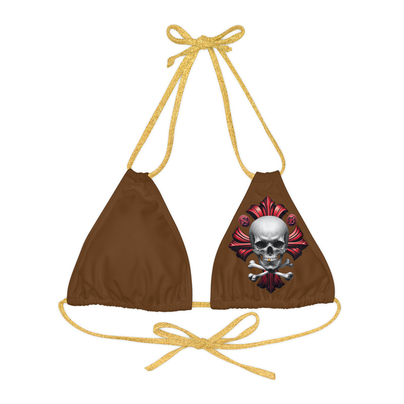 "Skull & Barrel" Base Brown- Left Logo - Strappy Triangle Bikini Top (AOP)