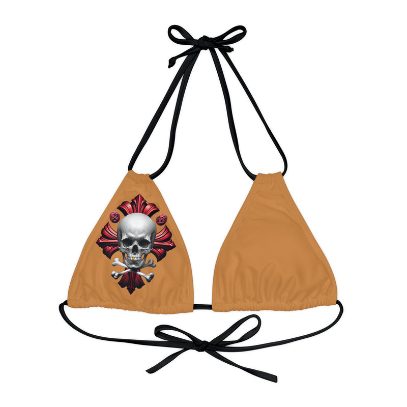 "Skull & Barrel" Base Light Brown - Right Logo - Strappy Triangle Bikini Top (AOP)