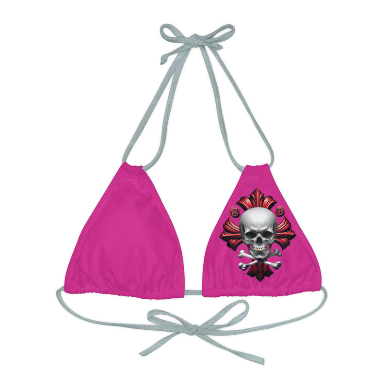 "Skull & Barrel" Base Pink - Left Logo - Strappy Triangle Bikini Top (AOP)