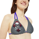 "Skull & Barrel" Base Dark Grey - Right Logo - Strappy Triangle Bikini Top (AOP)