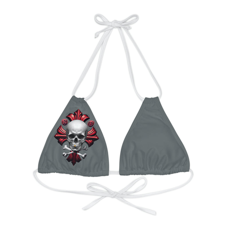 "Skull & Barrel" Base Dark Grey - Right Logo - Strappy Triangle Bikini Top (AOP)