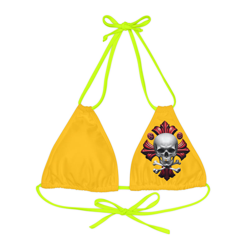 "Skull & Barrel" Base Yellow - Left Logo - Strappy Triangle Bikini Top (AOP)