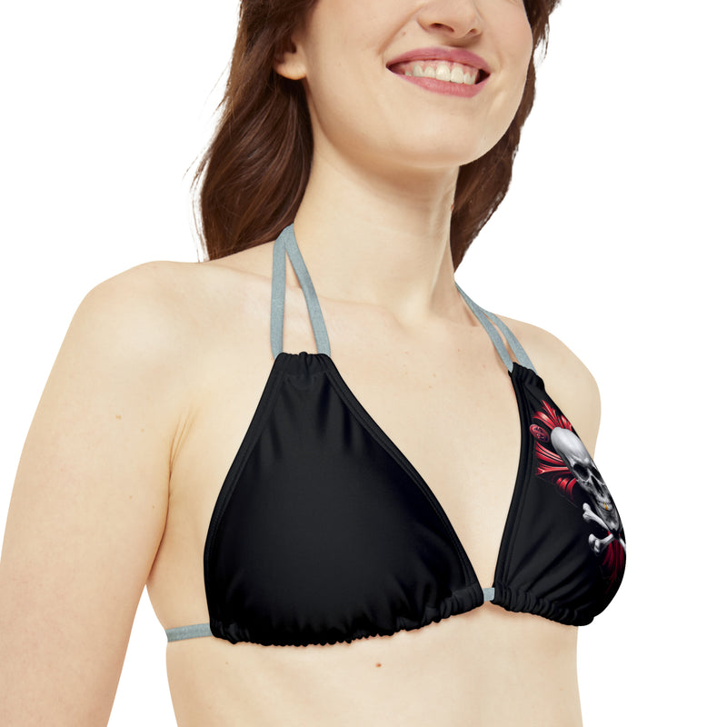 "Skull & Barrel" Base Black - Left Logo - Strappy Triangle Bikini Top (AOP)