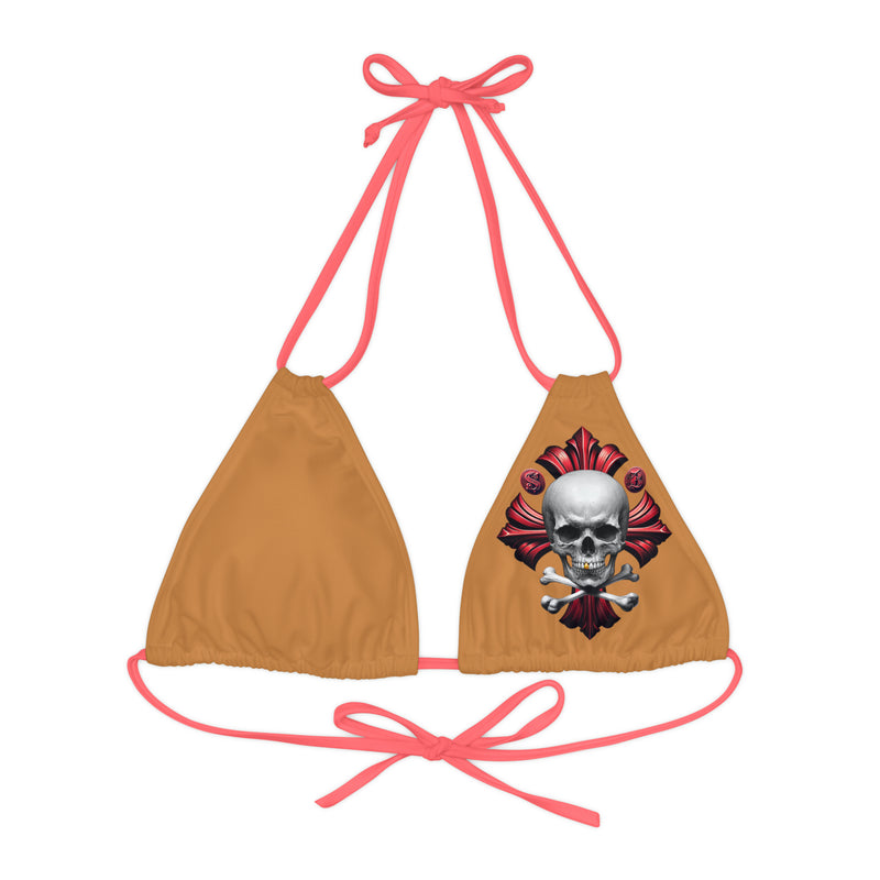 "Skull & Barrel" Base Light Brown - Left Logo - Strappy Triangle Bikini Top (AOP)