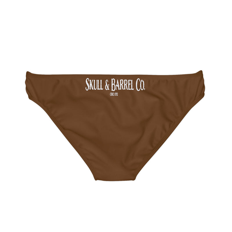 "Skull & Barrel" Base Brown - White Logo - Loop Tie Side Bikini Bottom (AOP)