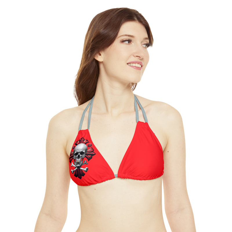 "Skull & Barrel" Base Red - Right Logo - Strappy Triangle Bikini Top (AOP)