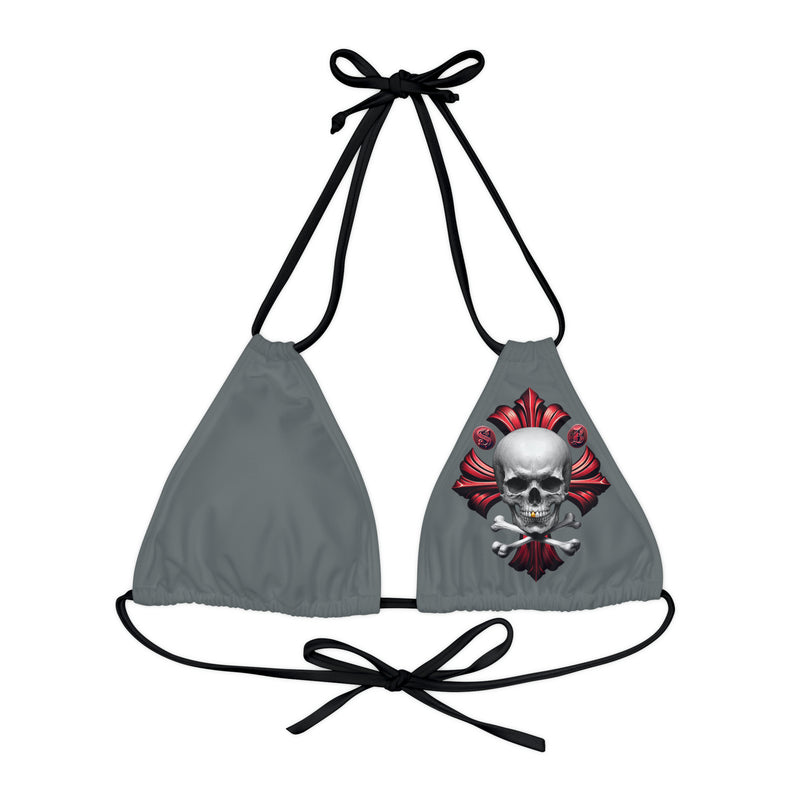 "Skull & Barrel" Base Dark Grey- Left Logo - Strappy Triangle Bikini Top (AOP)