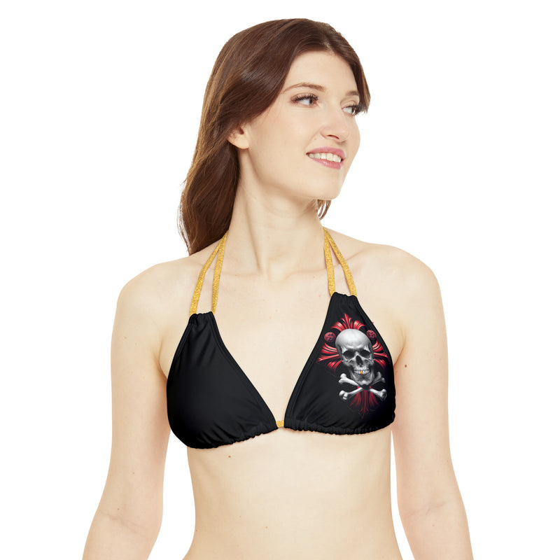 "Skull & Barrel" Base Black - Left Logo - Strappy Triangle Bikini Top (AOP)