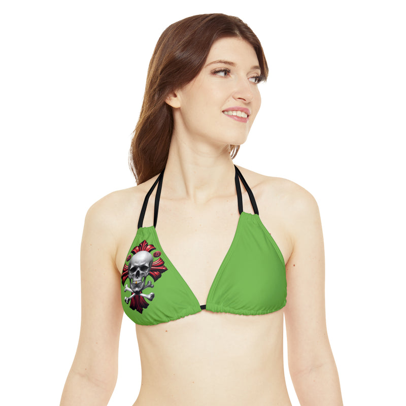 "Skull & Barrel" Base Green - Right Logo - Strappy Triangle Bikini Top (AOP)