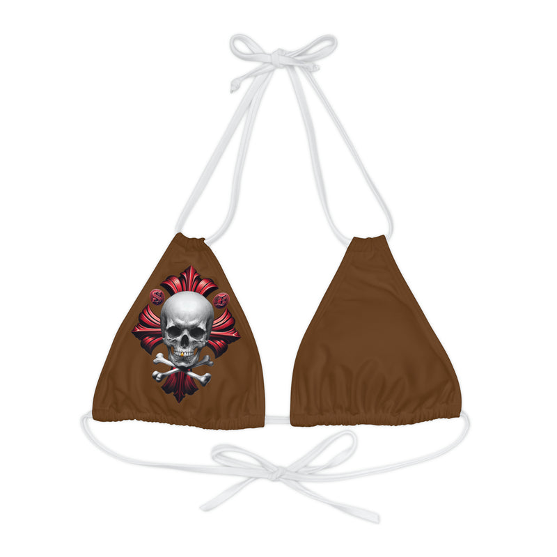"Skull & Barrel" Base Brown - Right Logo - Strappy Triangle Bikini Top (AOP)