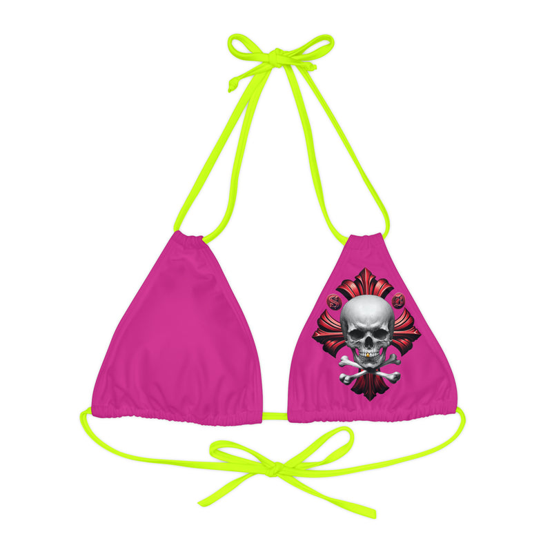 "Skull & Barrel" Base Pink - Left Logo - Strappy Triangle Bikini Top (AOP)