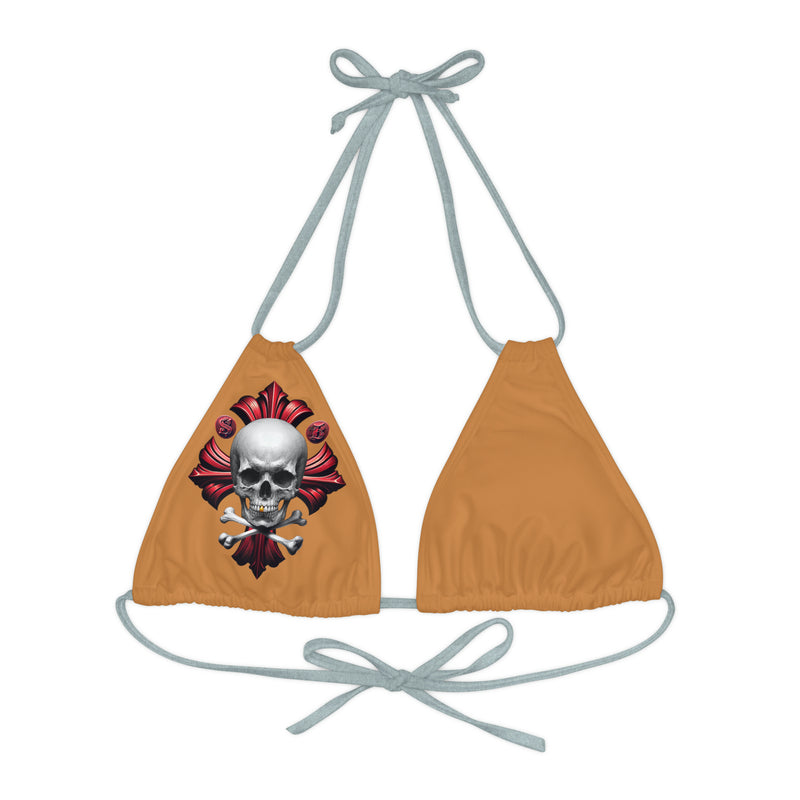 "Skull & Barrel" Base Light Brown - Right Logo - Strappy Triangle Bikini Top (AOP)