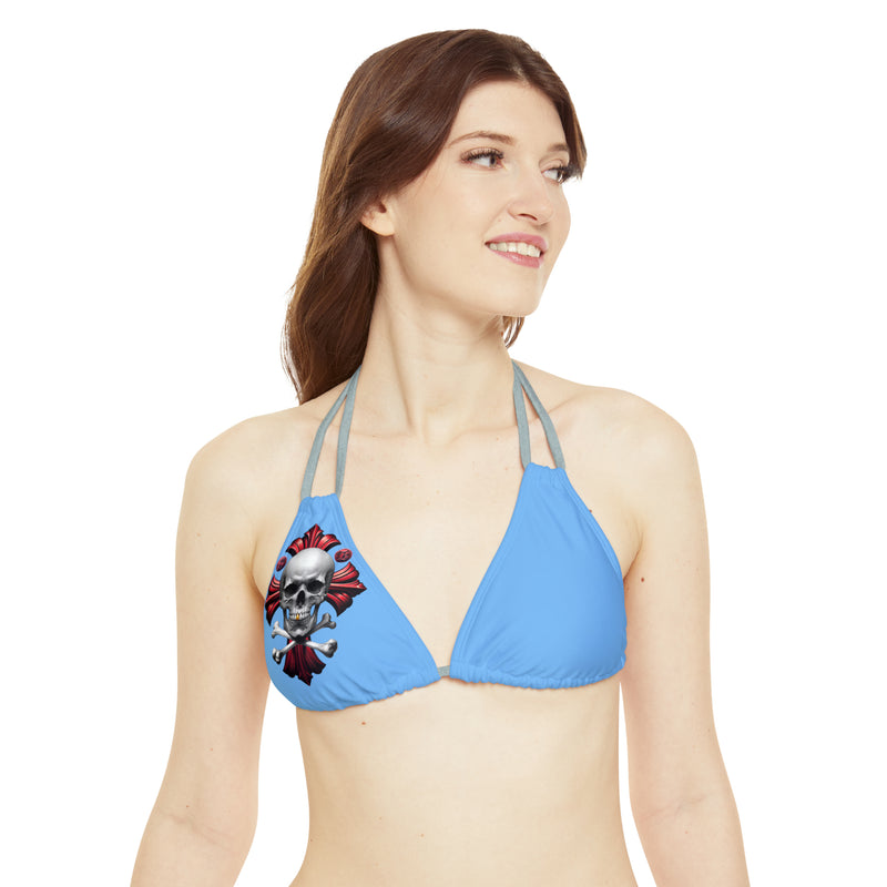 "Skull & Barrel" Base Light Blue - Right Logo - Strappy Triangle Bikini Top (AOP)