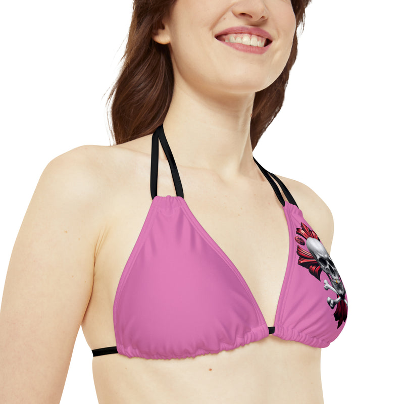 "Skull & Barrel" Base Light Pink - Left Logo - Strappy Triangle Bikini Top (AOP)