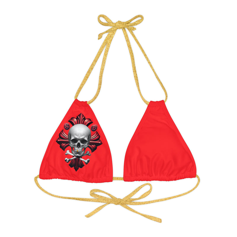 "Skull & Barrel" Base Red - Right Logo - Strappy Triangle Bikini Top (AOP)