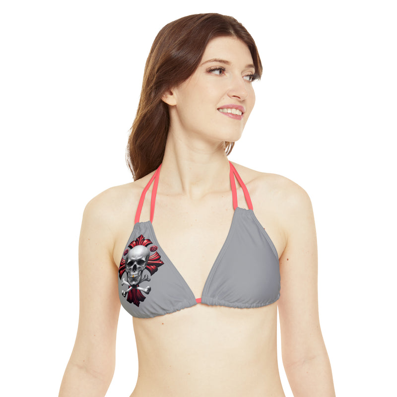 "Skull & Barrel" Base Grey - Right Logo - Strappy Triangle Bikini Top (AOP)