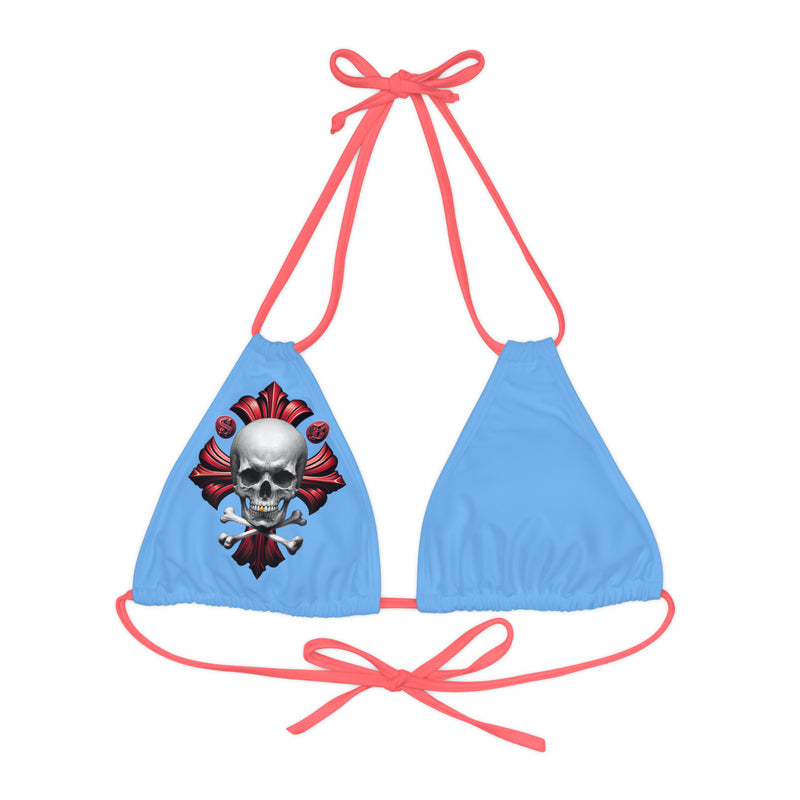 "Skull & Barrel" Base Light Blue - Right Logo - Strappy Triangle Bikini Top (AOP)