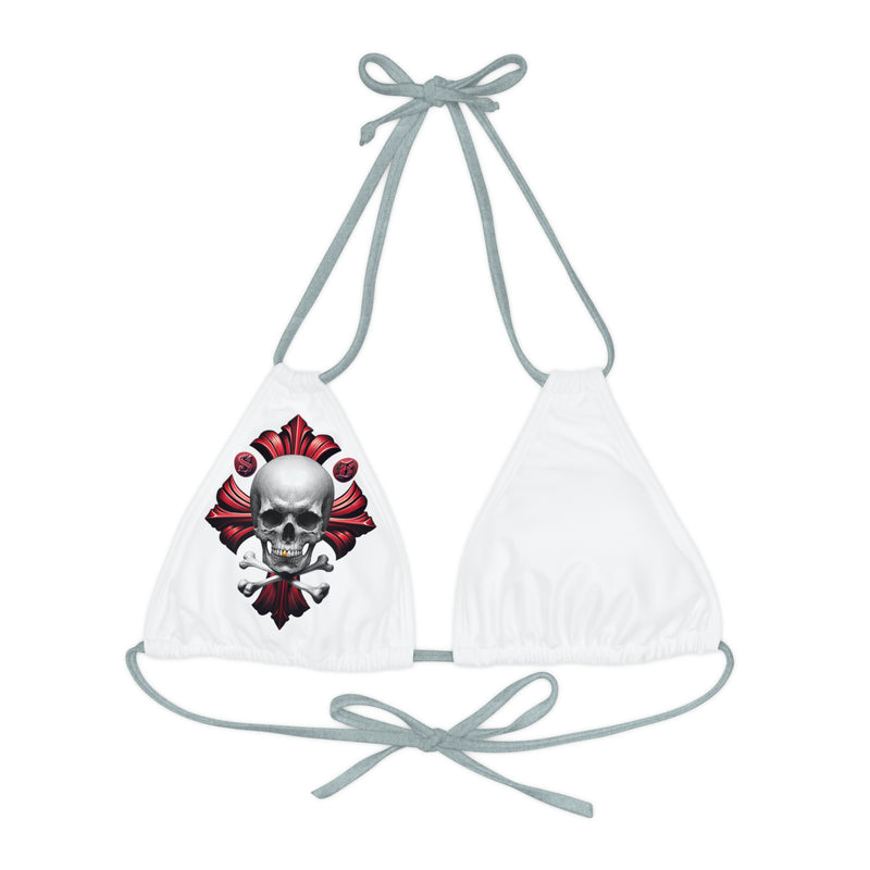 "Skull & Barrel" Base White - Right Logo - Strappy Triangle Bikini Top (AOP)