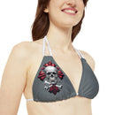 "Skull & Barrel" Base Dark Grey - Right Logo - Strappy Triangle Bikini Top (AOP)