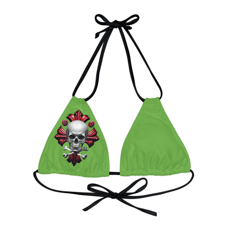 "Skull & Barrel" Base Green - Right Logo - Strappy Triangle Bikini Top (AOP)