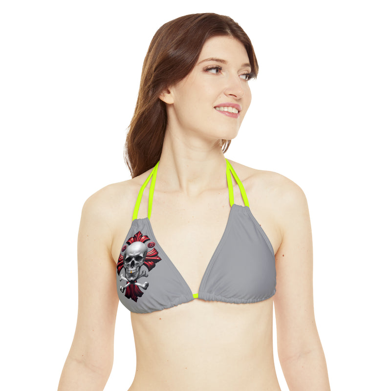 "Skull & Barrel" Base Grey - Right Logo - Strappy Triangle Bikini Top (AOP)