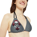 "Skull & Barrel" Base Dark Grey - Right Logo - Strappy Triangle Bikini Top (AOP)