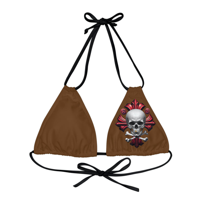 "Skull & Barrel" Base Brown- Left Logo - Strappy Triangle Bikini Top (AOP)