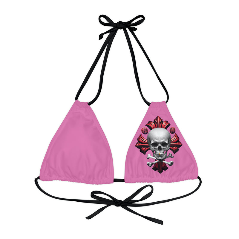 "Skull & Barrel" Base Light Pink - Left Logo - Strappy Triangle Bikini Top (AOP)