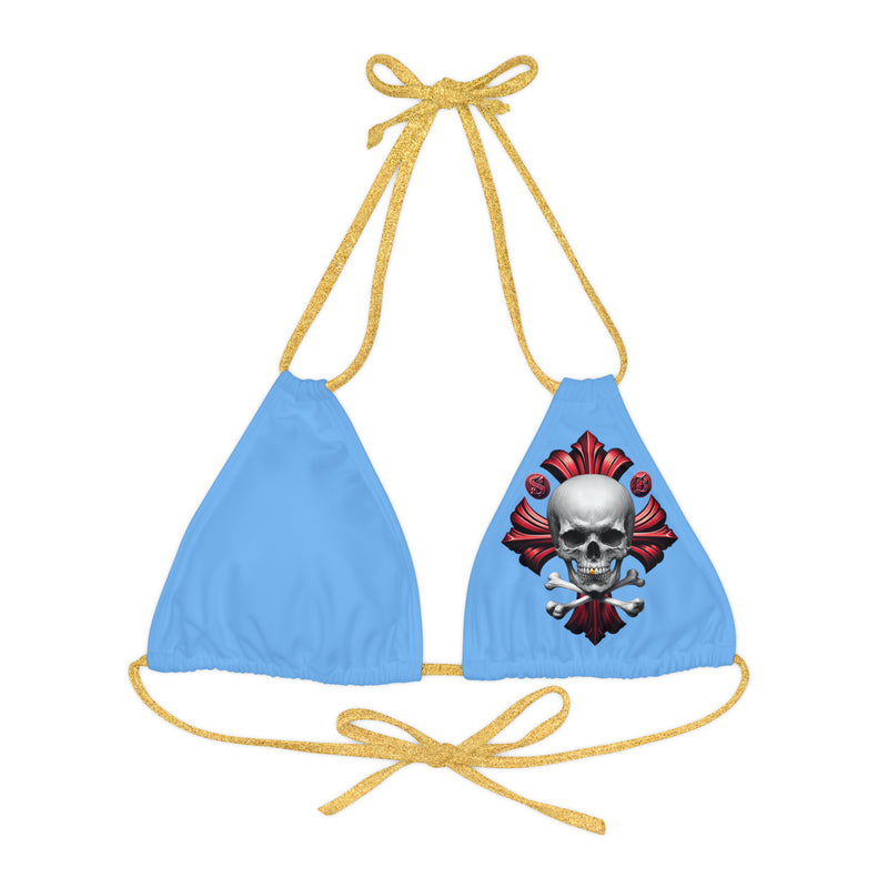 "Skull & Barrel" Base Light Blue - Left Logo - Strappy Triangle Bikini Top (AOP)