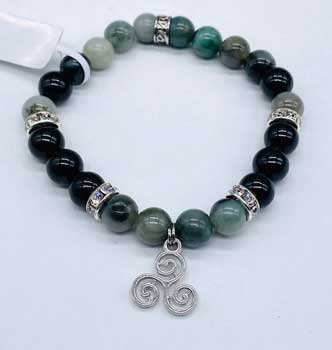 8mm Emerald, Black Tourmaline, Triple Spiral bracelet